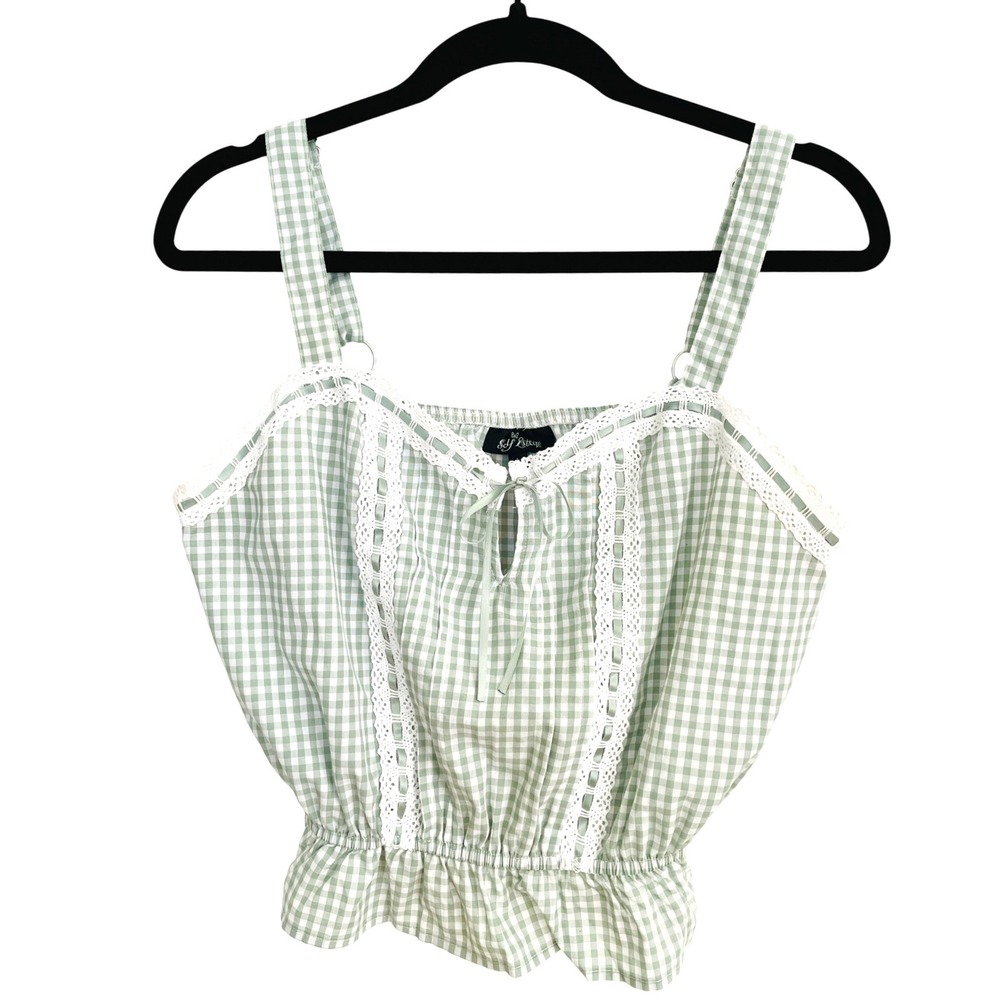 Self Esteem Sage Green Gingham Lace Trim Crop Top Cottagecore Smocked Hem Large